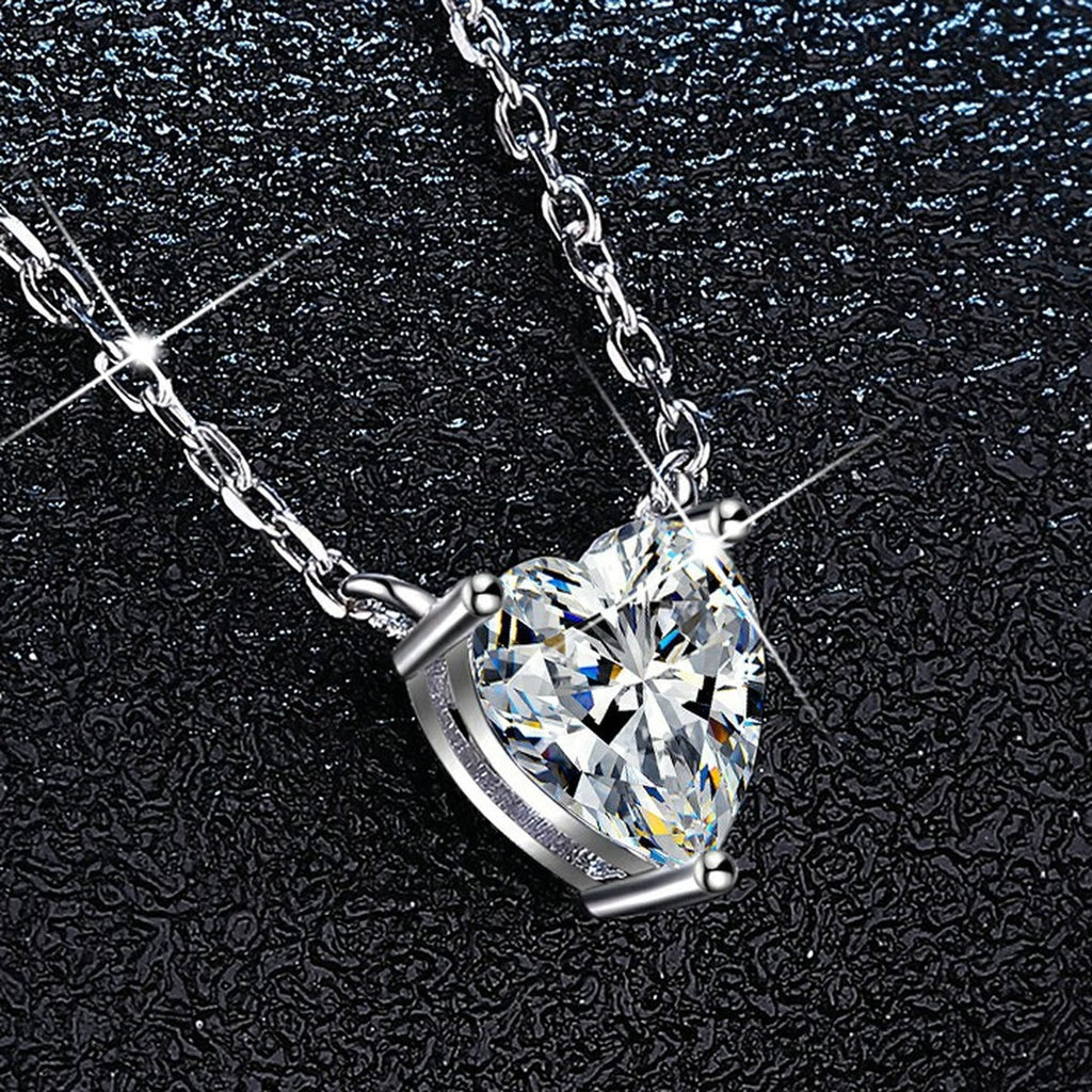 Heart Moissanite Pendant Necklace in Platinum-Plated S925 Sterling Silver dark background product display view
