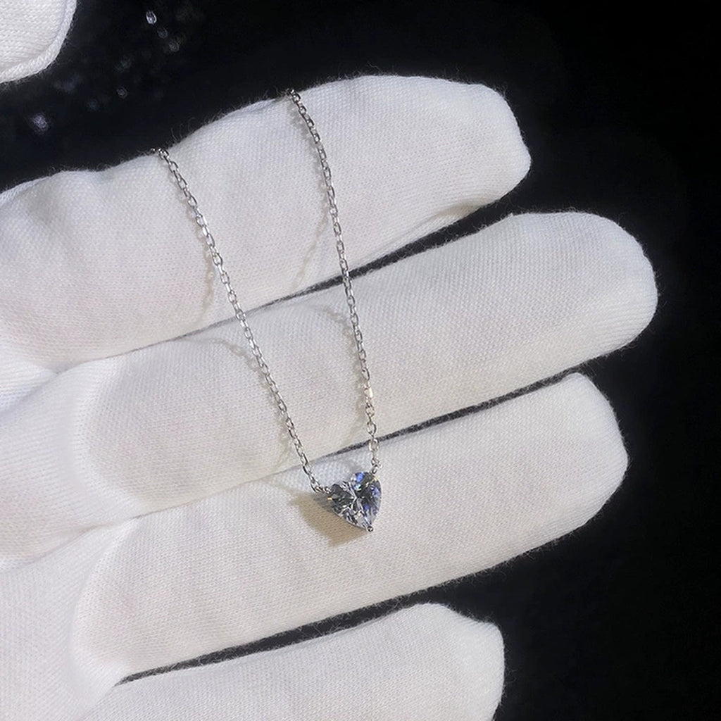Heart Moissanite Pendant Necklace in Platinum-Plated S925 Sterling Silver dark background product display view