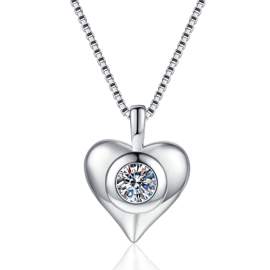 Smooth Heart Moissanite Pendant Necklace in Platinum-Plated S925 Sterling Silver on clean white background showing the polished heart pendant with a round moissanite center