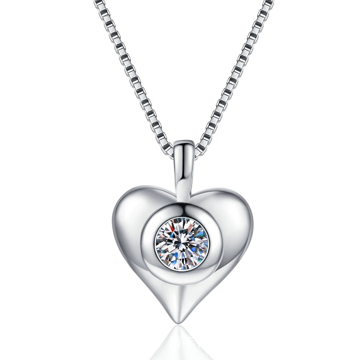 Smooth Heart Moissanite Pendant Necklace in Platinum-Plated S925 Sterling Silver on clean white background showing the polished heart pendant with a round moissanite center