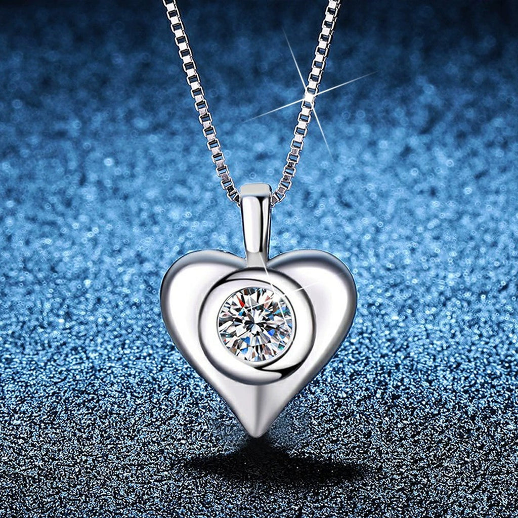 Smooth Heart Moissanite Pendant Necklace in Platinum-Plated S925 Sterling Silver blue background product view