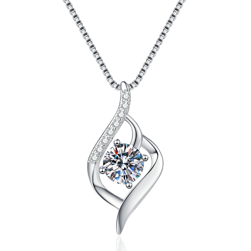 Ribbon Drop Moissanite Pendant Necklace with Cubic Zirconia in Platinum-Plated S925 Sterling Silver on clean white background showing the ribbon drop pendant framing a round moissanite
