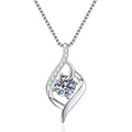 Ribbon Drop Moissanite Pendant Necklace with Cubic Zirconia in Platinum-Plated S925 Sterling Silver on clean white background showing the ribbon drop pendant framing a round moissanite