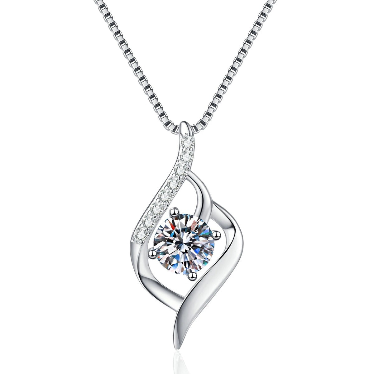 Ribbon Drop Moissanite Pendant Necklace with Cubic Zirconia in Platinum-Plated S925 Sterling Silver on clean white background showing the ribbon drop pendant framing a round moissanite