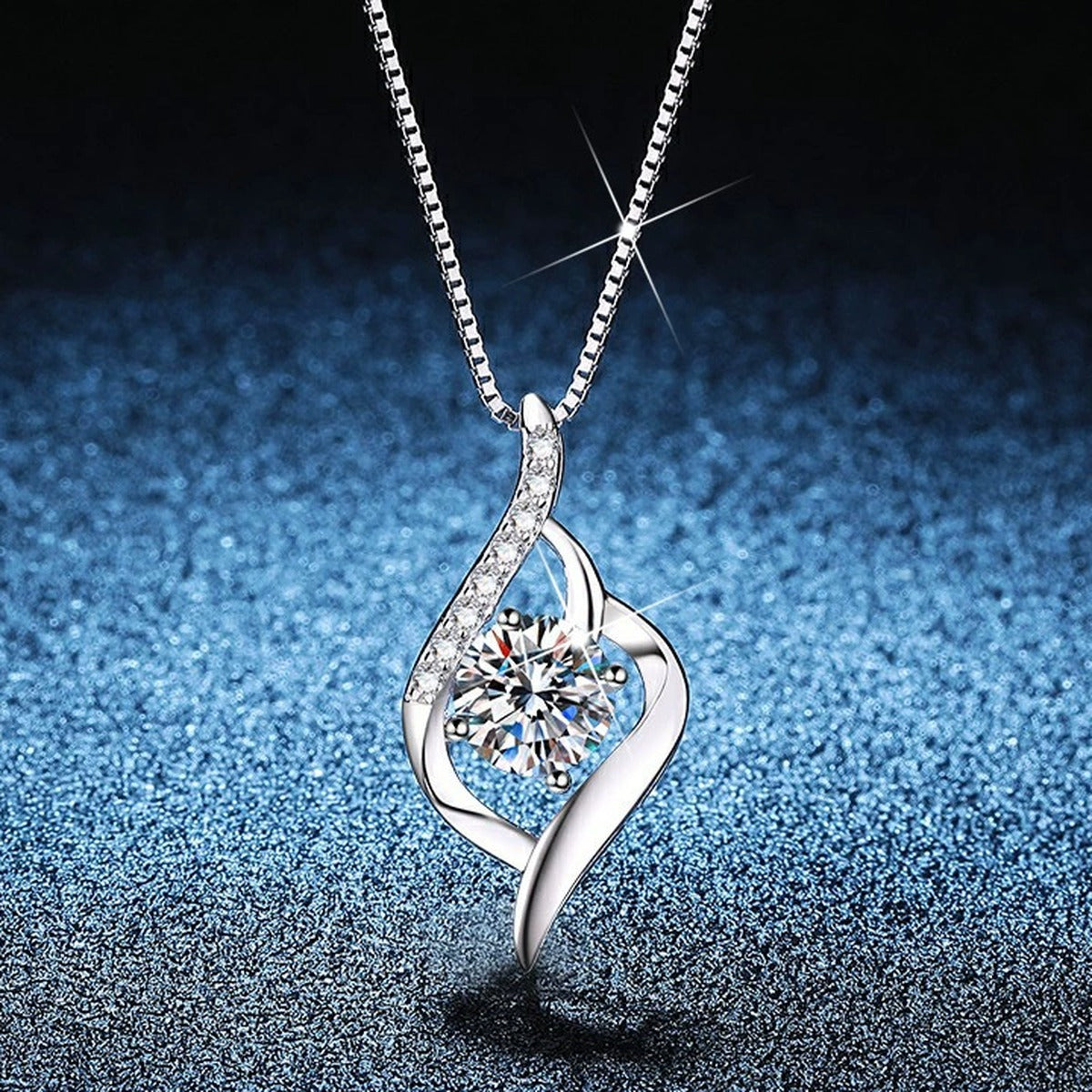 Ribbon Drop Moissanite Pendant Necklace with Cubic Zirconia in Platinum-Plated S925 Sterling Silver blue background product view