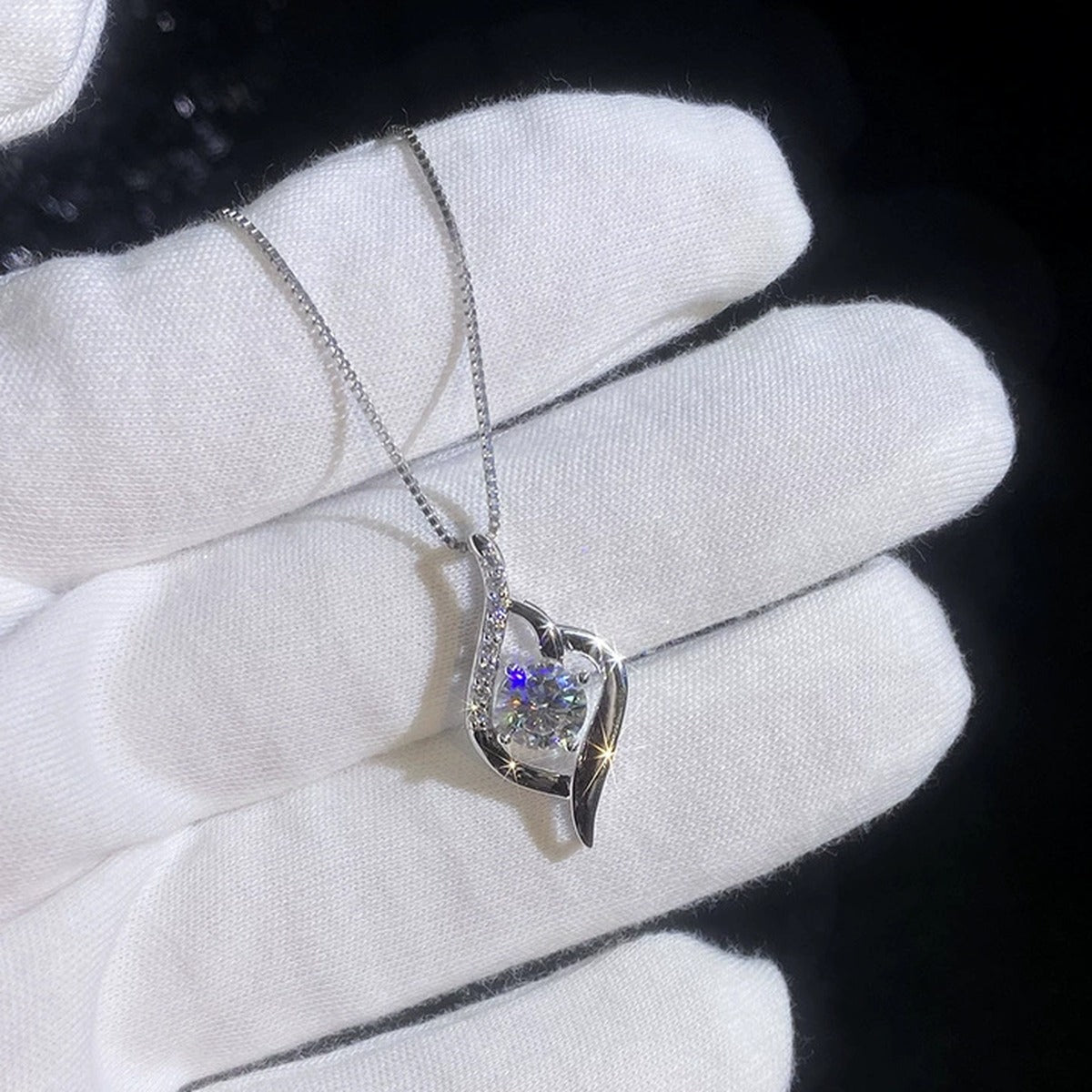 Ribbon Drop Moissanite Pendant Necklace with Cubic Zirconia in Platinum-Plated S925 Sterling Silver dark background product display view