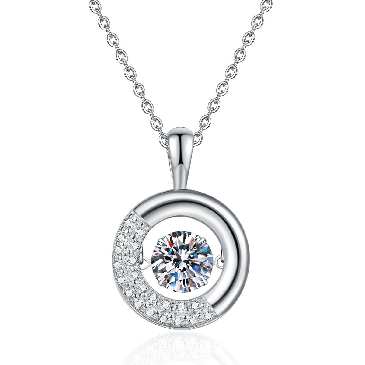 Circle Moissanite Pendant Necklace with Cubic Zirconia in Platinum-Plated S925 Sterling Silver on clean white background showing the open circle pendant with a suspended round moissanite