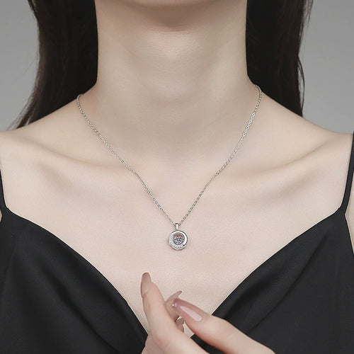 Circle Moissanite Pendant Necklace with Cubic Zirconia in Platinum-Plated S925 Sterling Silver worn on neckline by model
