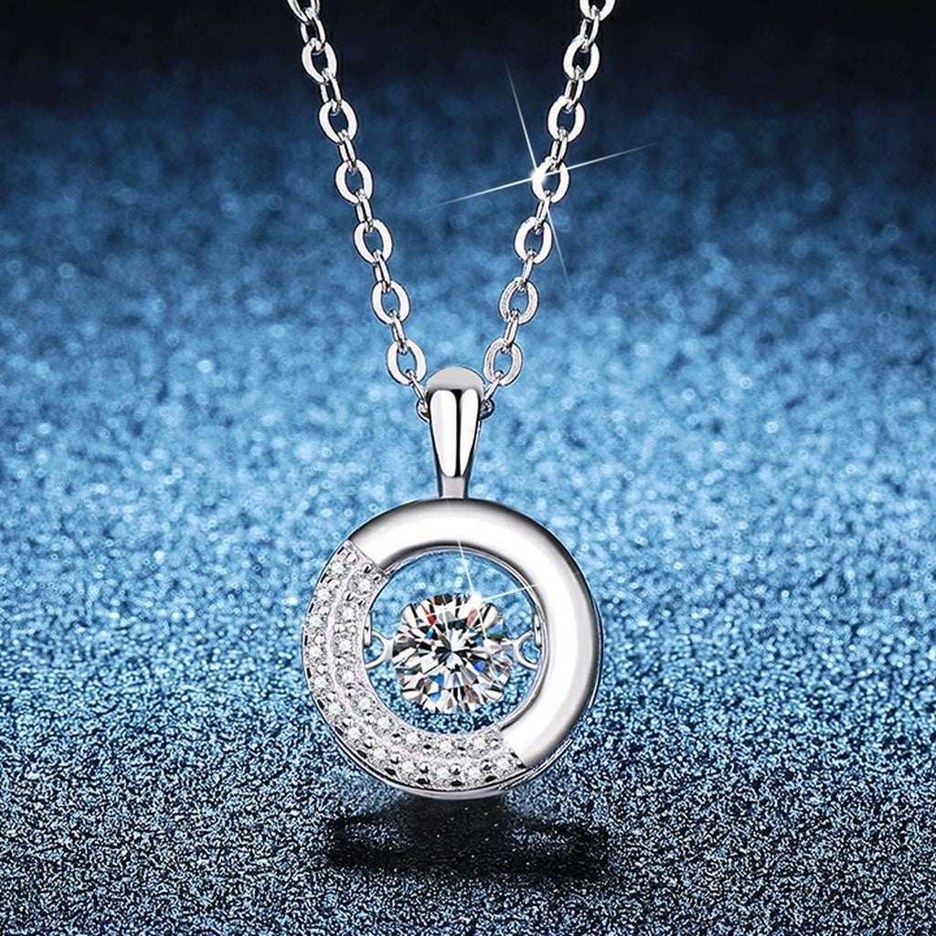 Circle Moissanite Pendant Necklace with Cubic Zirconia in Platinum-Plated S925 Sterling Silver blue background product view