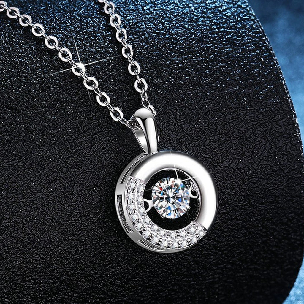 Circle Moissanite Pendant Necklace with Cubic Zirconia in Platinum-Plated S925 Sterling Silver dark background product display view