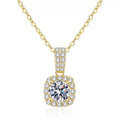 Cushion Halo Moissanite Pendant Necklace with Cubic Zirconia in 18K Yellow Gold-Plated S925 Sterling Silver on clean white background showing the yellow gold cushion halo pendant with a round moissanite center