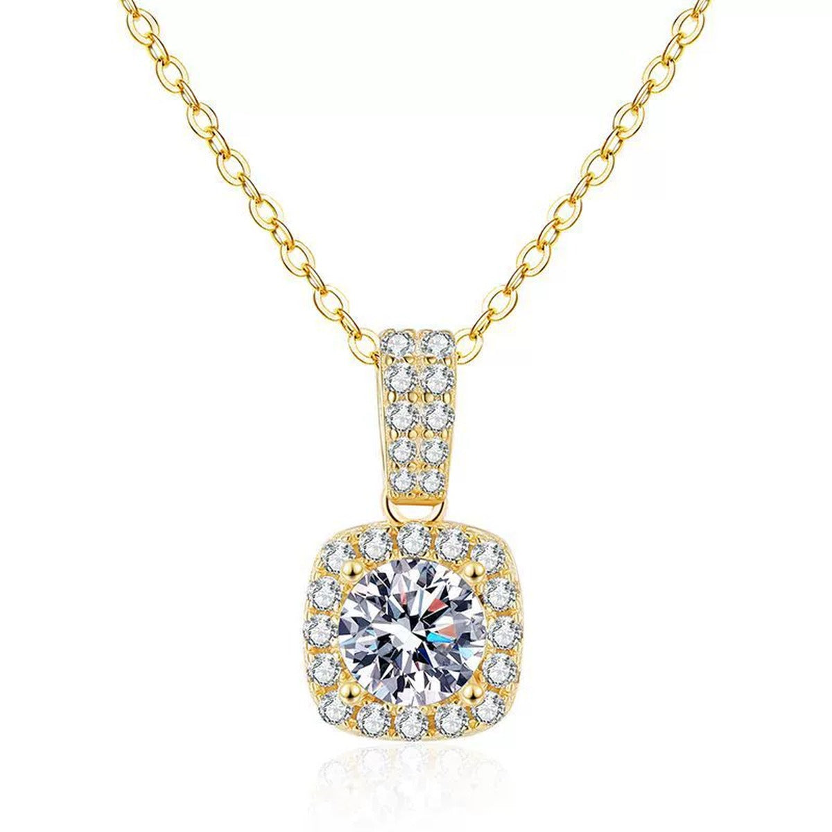 Cushion Halo Moissanite Pendant Necklace with Cubic Zirconia in 18K Yellow Gold-Plated S925 Sterling Silver on clean white background showing the yellow gold cushion halo pendant with a round moissanite center