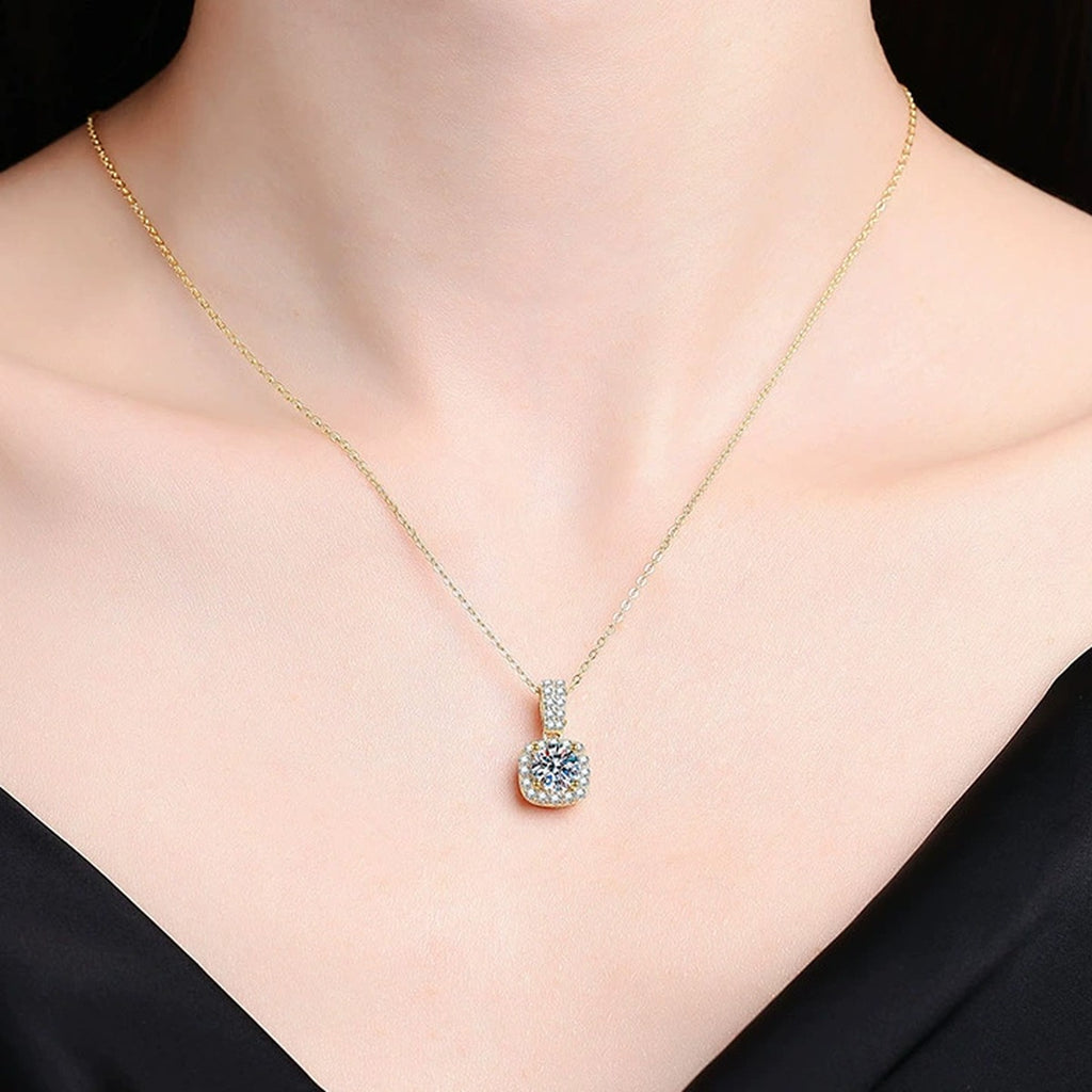 Cushion Halo Moissanite Pendant Necklace with Cubic Zirconia in 18K Yellow Gold-Plated S925 Sterling Silver worn on neckline by model