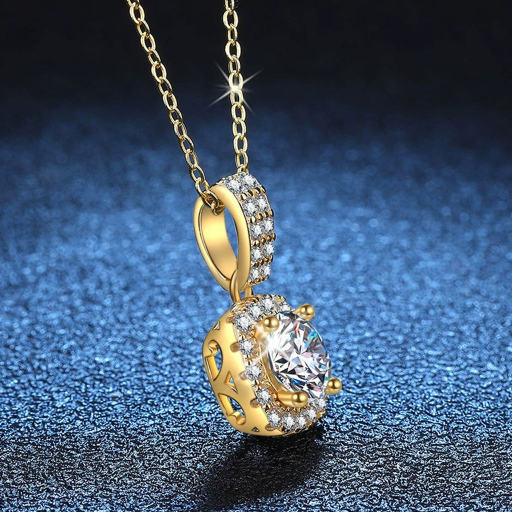 Cushion Halo Moissanite Pendant Necklace with Cubic Zirconia in 18K Yellow Gold-Plated S925 Sterling Silver blue background product view