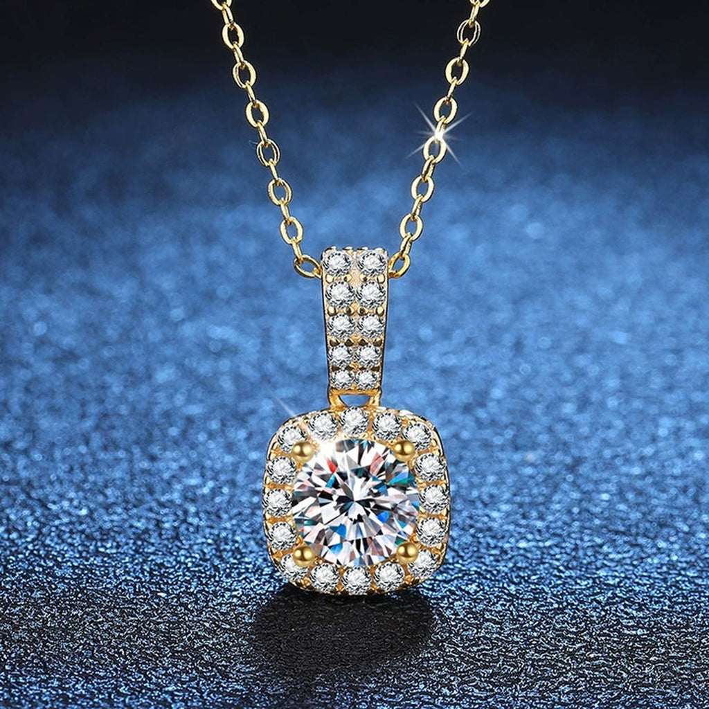 Cushion Halo Moissanite Pendant Necklace with Cubic Zirconia in 18K Yellow Gold-Plated S925 Sterling Silver blue background close-up view