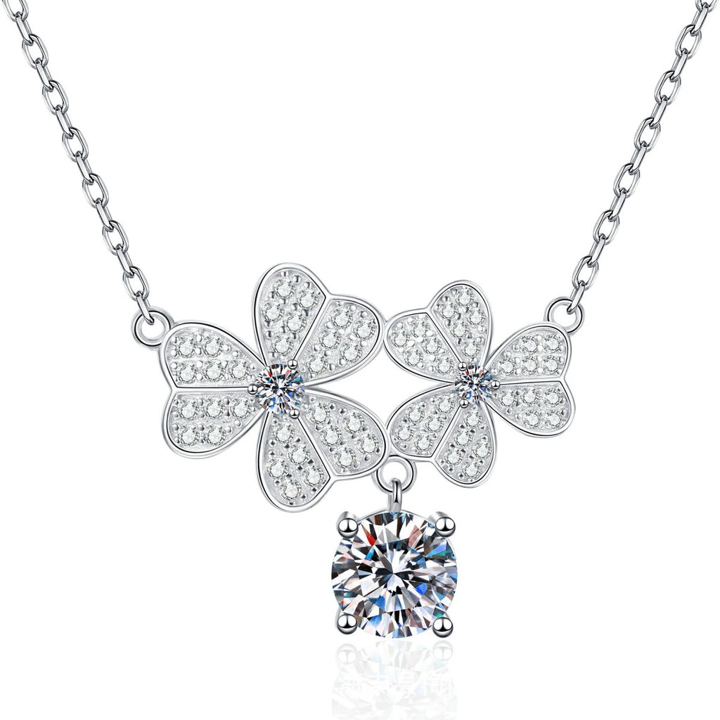 Floral Drop Moissanite Pendant Necklace with Cubic Zirconia in Platinum-Plated S925 Sterling Silver on clean white background showing the two-flower station pendant with a dangling round moissanite