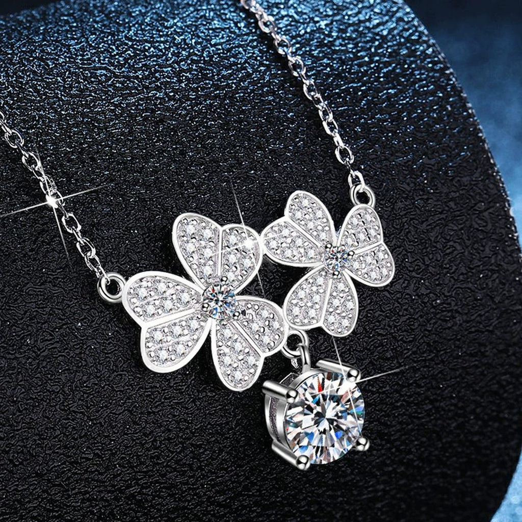 Floral Drop Moissanite Pendant Necklace with Cubic Zirconia in Platinum-Plated S925 Sterling Silver dark background product display view