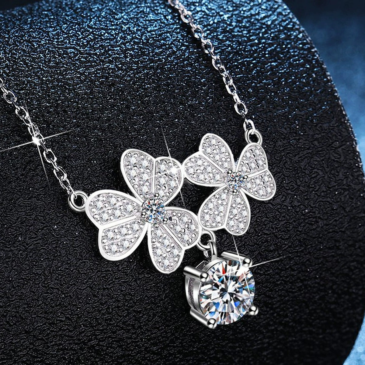 Floral Drop Moissanite Pendant Necklace with Cubic Zirconia in Platinum-Plated S925 Sterling Silver dark background product display view