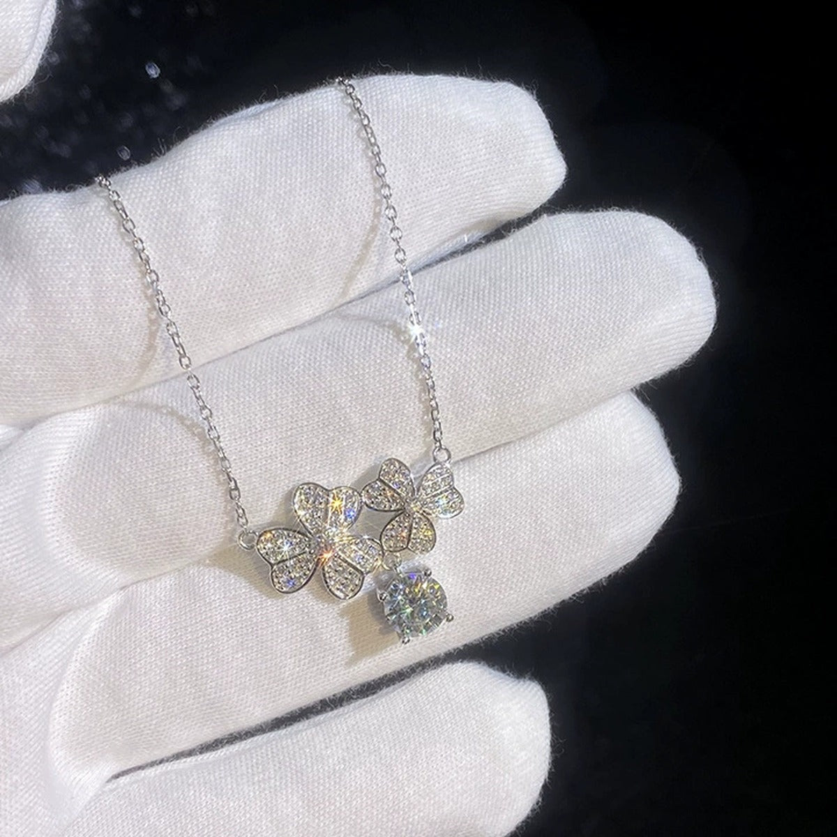 Floral Drop Moissanite Pendant Necklace with Cubic Zirconia in Platinum-Plated S925 Sterling Silver dark background product display view