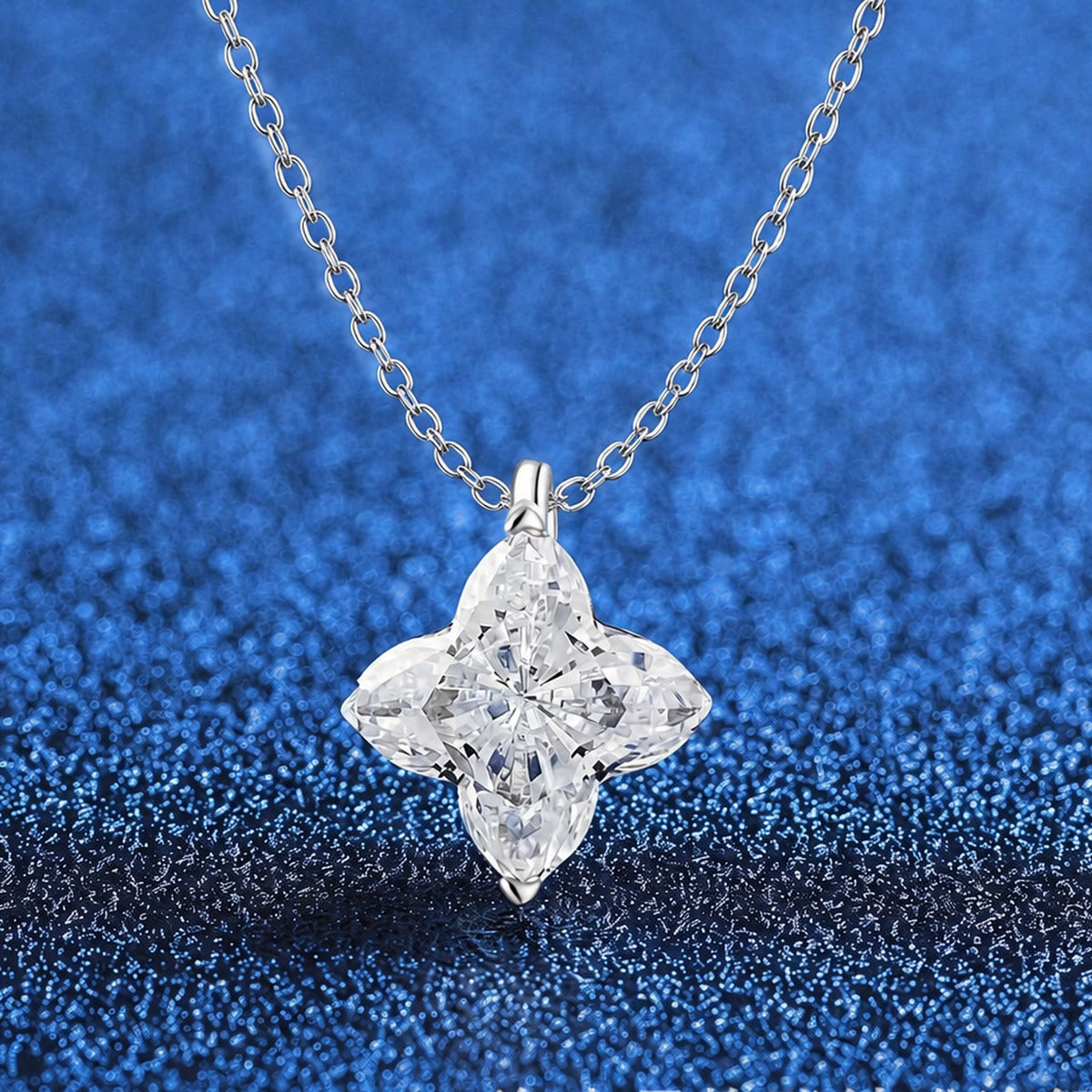 Geometric Moissanite Pendant Necklace in Platinum-Plated S925 Sterling Silver blue background product view