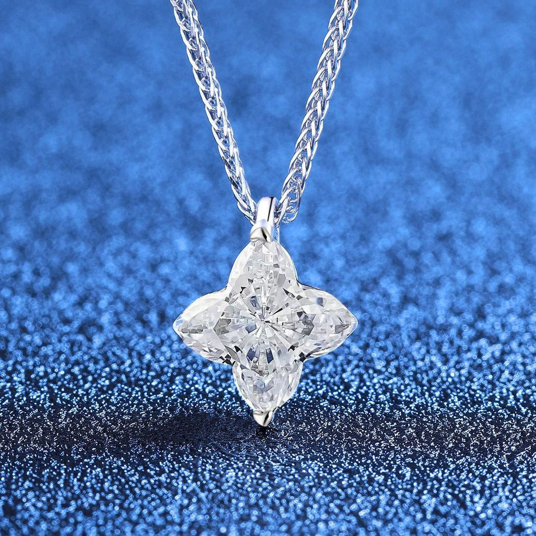 Geometric Moissanite Pendant Necklace in Platinum-Plated S925 Sterling Silver blue background styling view