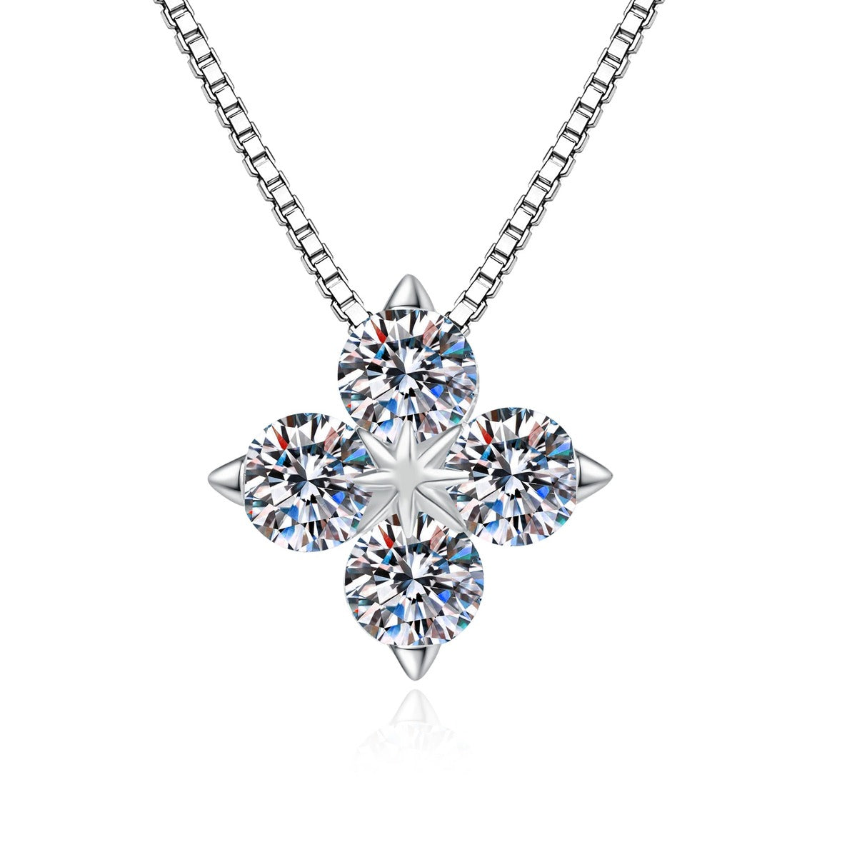 Clover Moissanite Pendant Necklace in Platinum-Plated S925 Sterling Silver on clean white background showing the four-stone clover pendant with pointed moissanite petals
