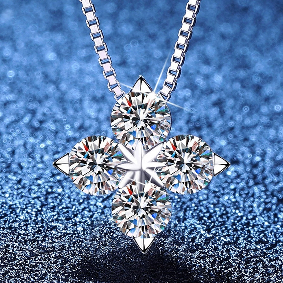 Clover Moissanite Pendant Necklace in Platinum-Plated S925 Sterling Silver blue background product view
