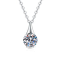 Teardrop Moissanite Pendant Necklace in Platinum-Plated S925 Sterling Silver on clean white background showing the teardrop pendant holding a round moissanite