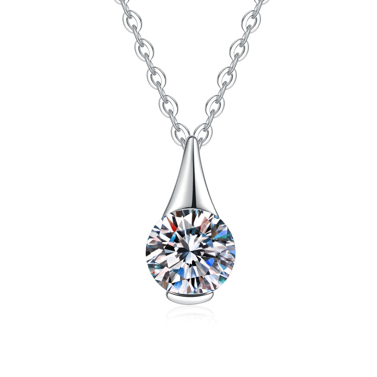 Teardrop Moissanite Pendant Necklace in Platinum-Plated S925 Sterling Silver on clean white background showing the teardrop pendant holding a round moissanite