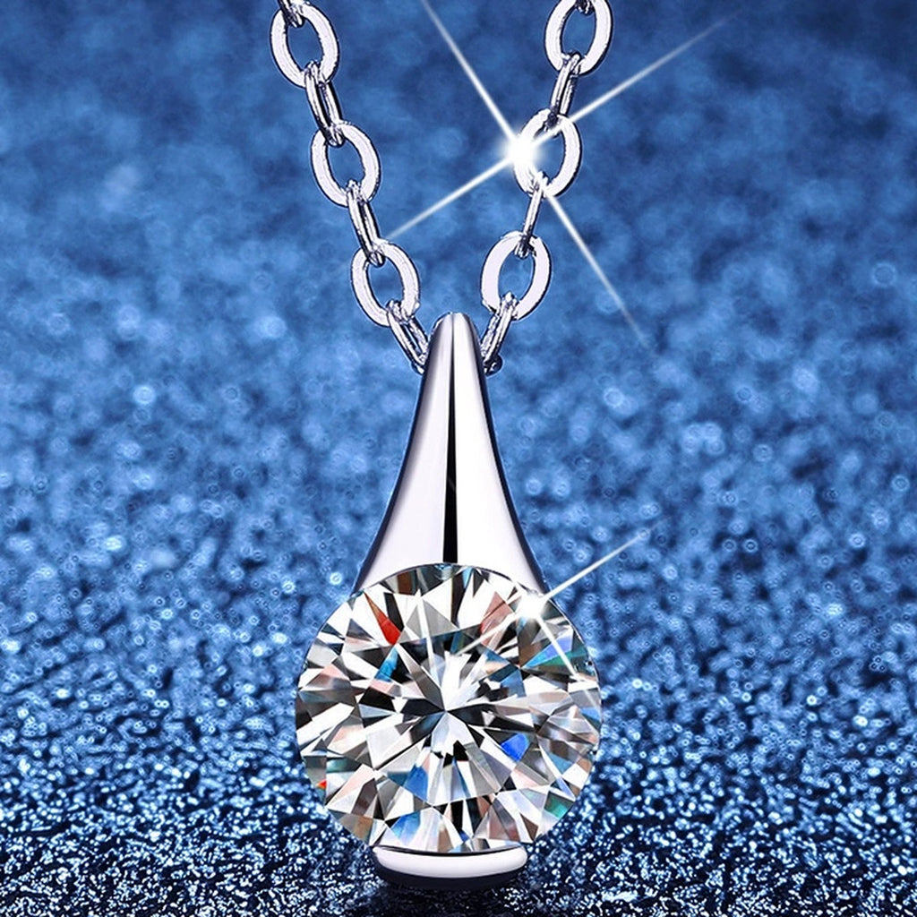Teardrop Moissanite Pendant Necklace in Platinum-Plated S925 Sterling Silver blue background product view
