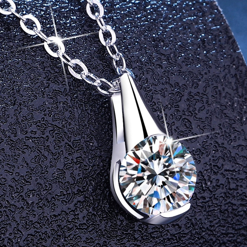 Teardrop Moissanite Pendant Necklace in Platinum-Plated S925 Sterling Silver dark background product display view