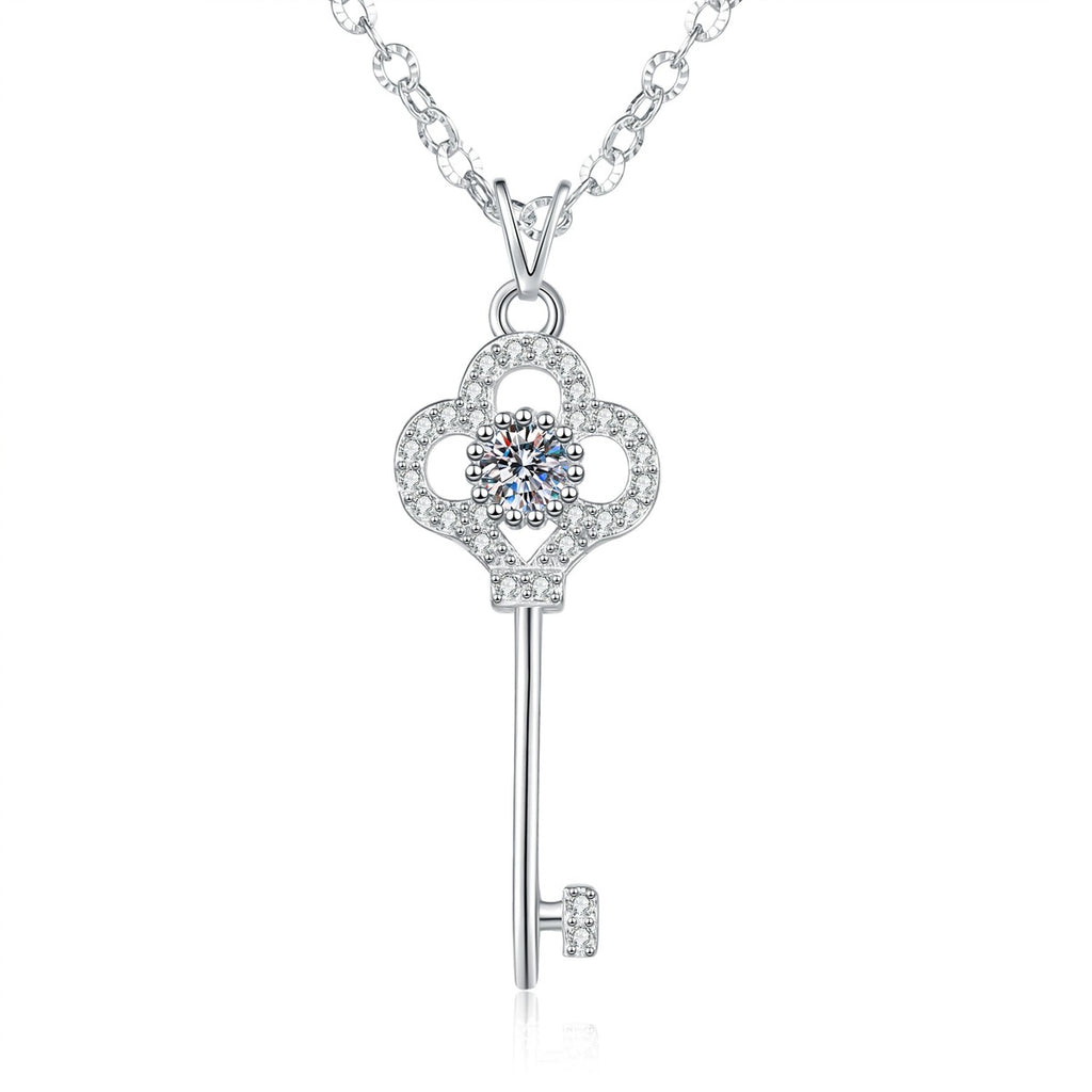 Key Moissanite Pendant Necklace with Cubic Zirconia in Platinum-Plated S925 Sterling Silver on clean white background showing the key pendant with a clover bow and round moissanite center