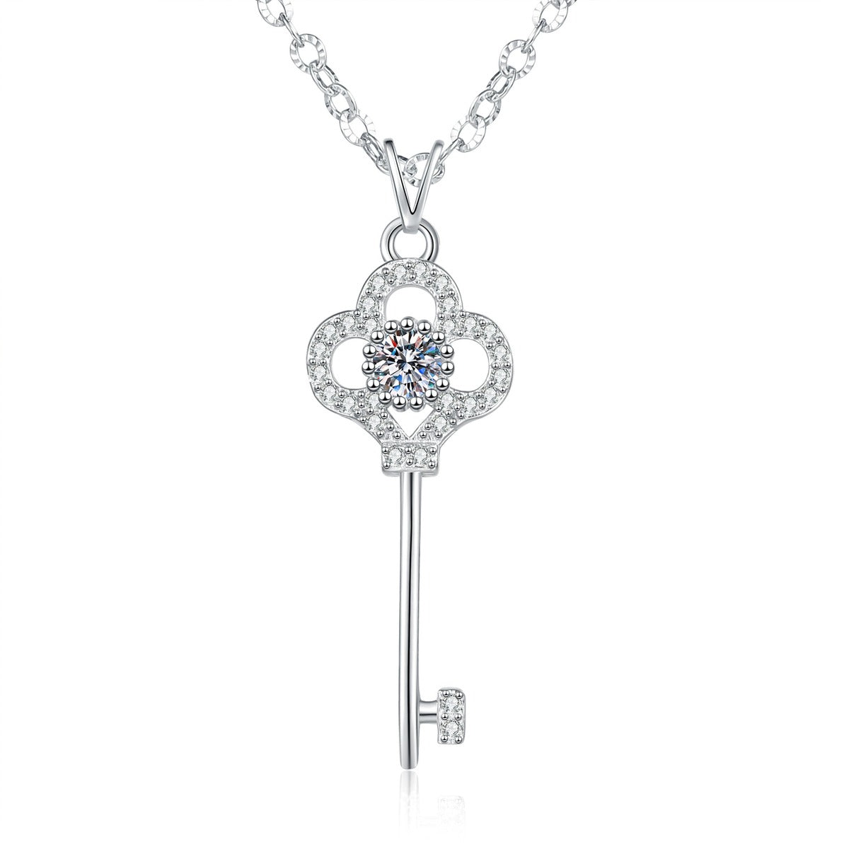 Key Moissanite Pendant Necklace with Cubic Zirconia in Platinum-Plated S925 Sterling Silver on clean white background showing the key pendant with a clover bow and round moissanite center