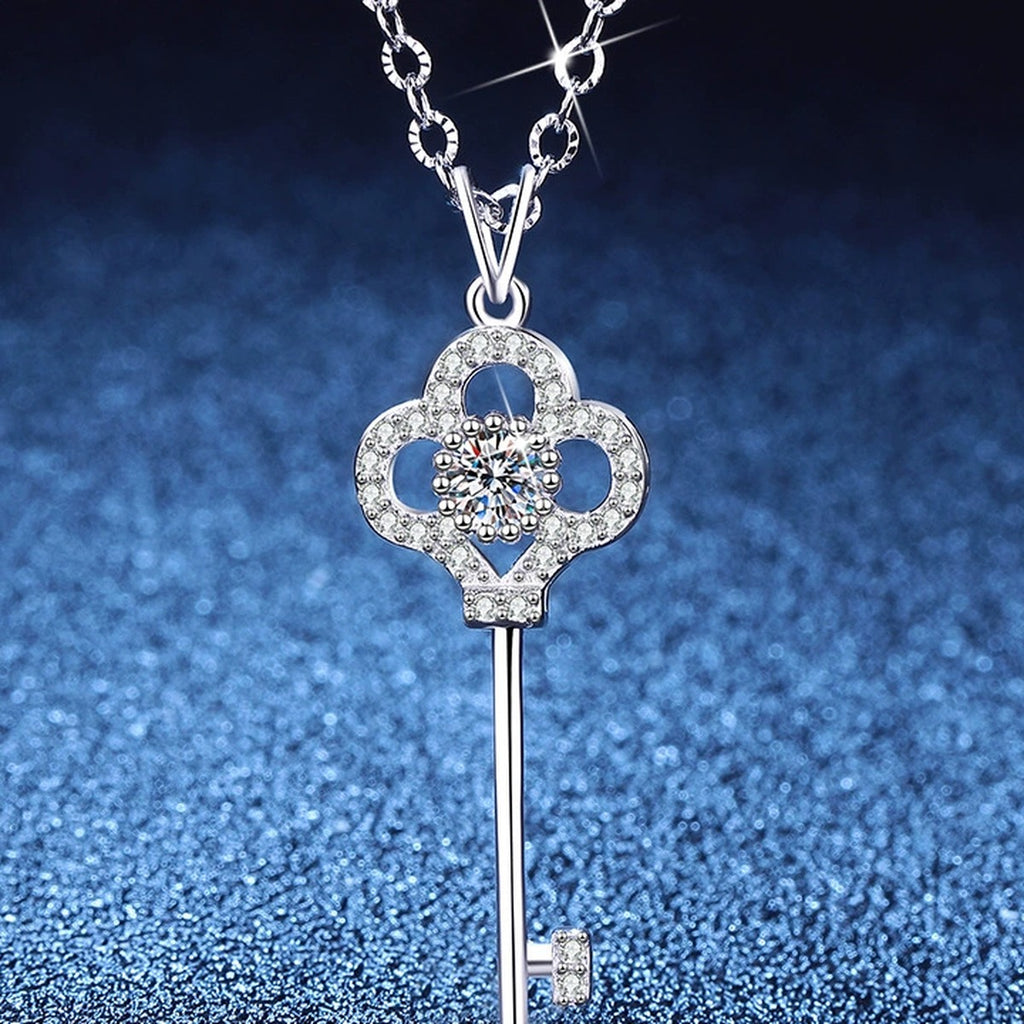 Key Moissanite Pendant Necklace with Cubic Zirconia in Platinum-Plated S925 Sterling Silver blue background product view