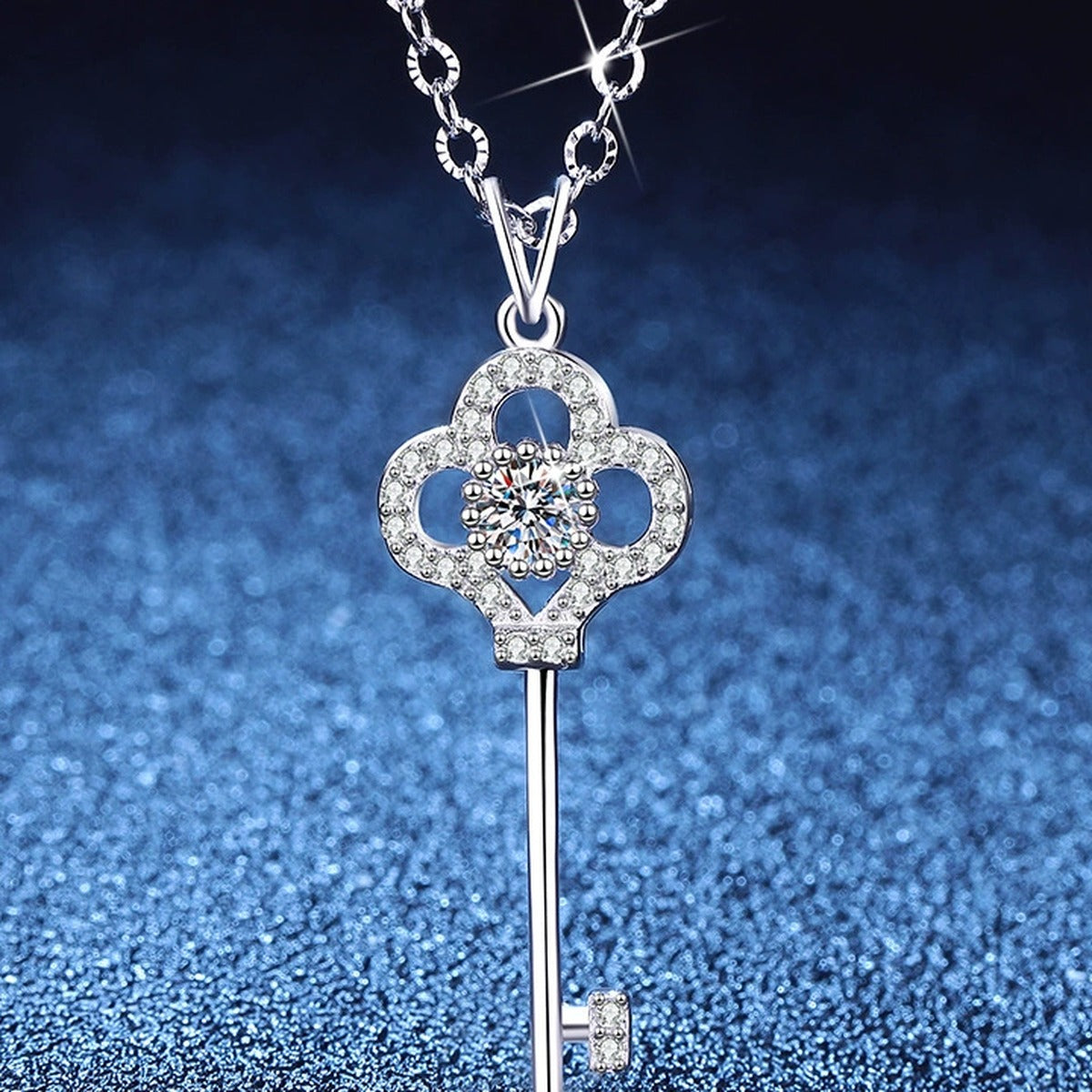 Key Moissanite Pendant Necklace with Cubic Zirconia in Platinum-Plated S925 Sterling Silver blue background product view