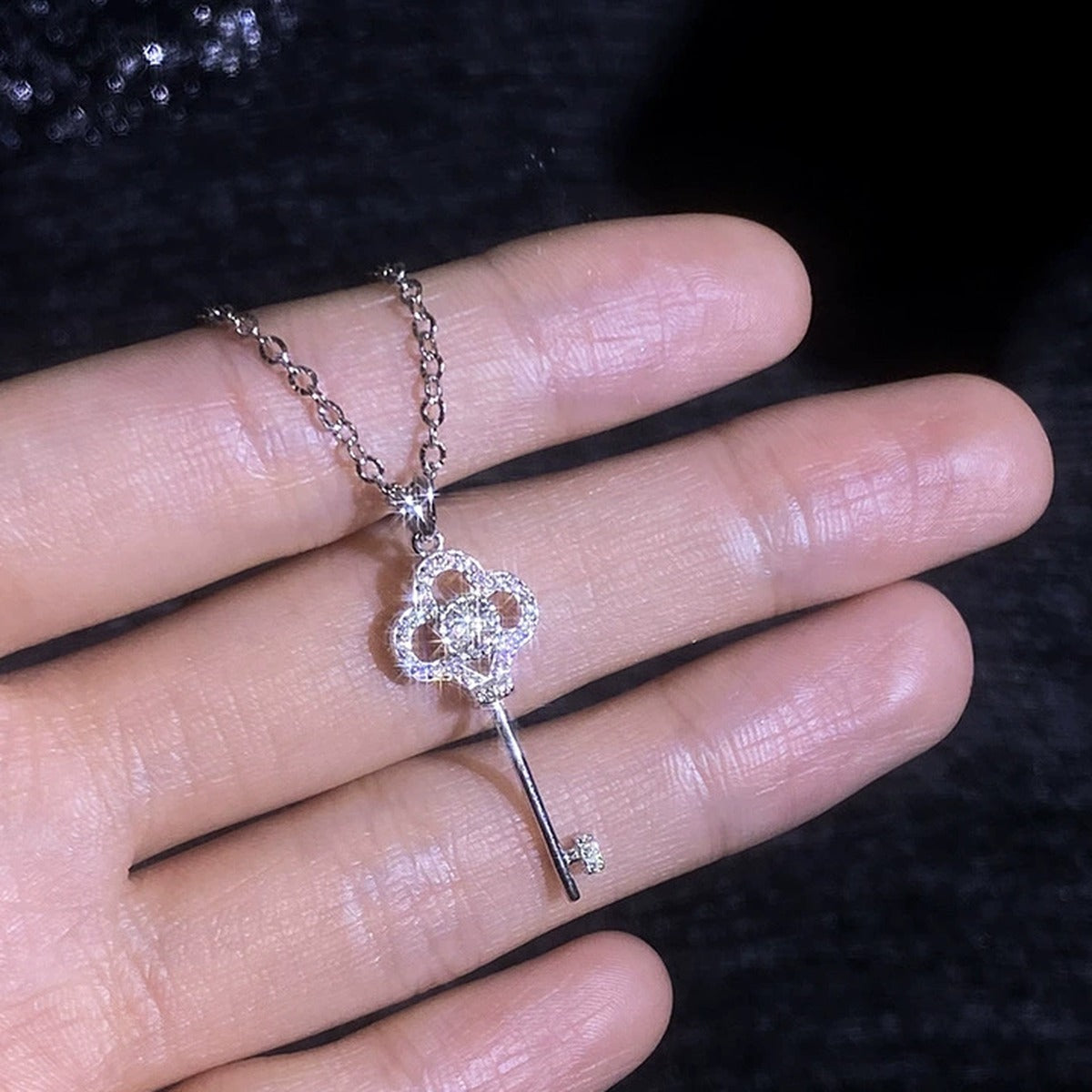 Key Moissanite Pendant Necklace with Cubic Zirconia in Platinum-Plated S925 Sterling Silver dark background product display view