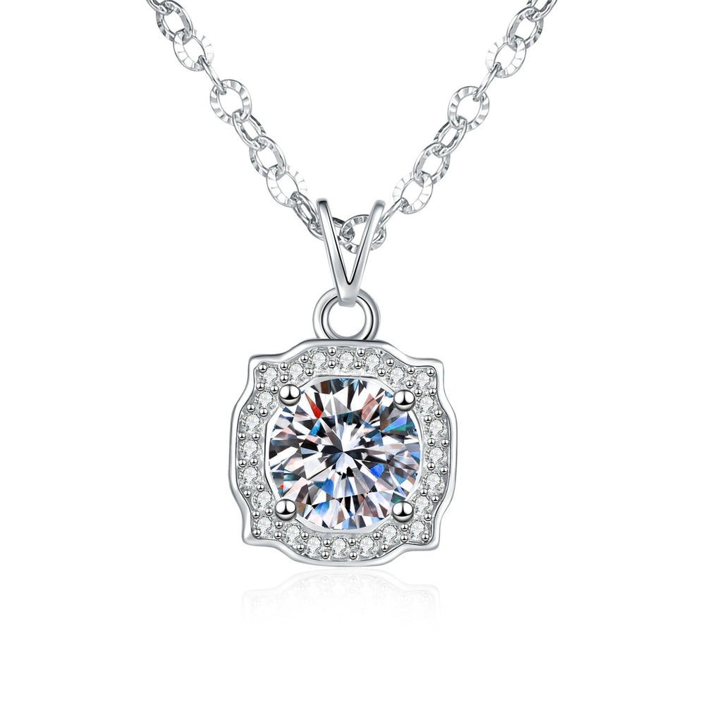 Cushion Halo Moissanite Pendant Necklace with Cubic Zirconia in Platinum-Plated S925 Sterling Silver on clean white background showing the cushion halo pendant with a round moissanite center