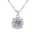 Cushion Halo Moissanite Pendant Necklace with Cubic Zirconia in Platinum-Plated S925 Sterling Silver on clean white background showing the cushion halo pendant with a round moissanite center