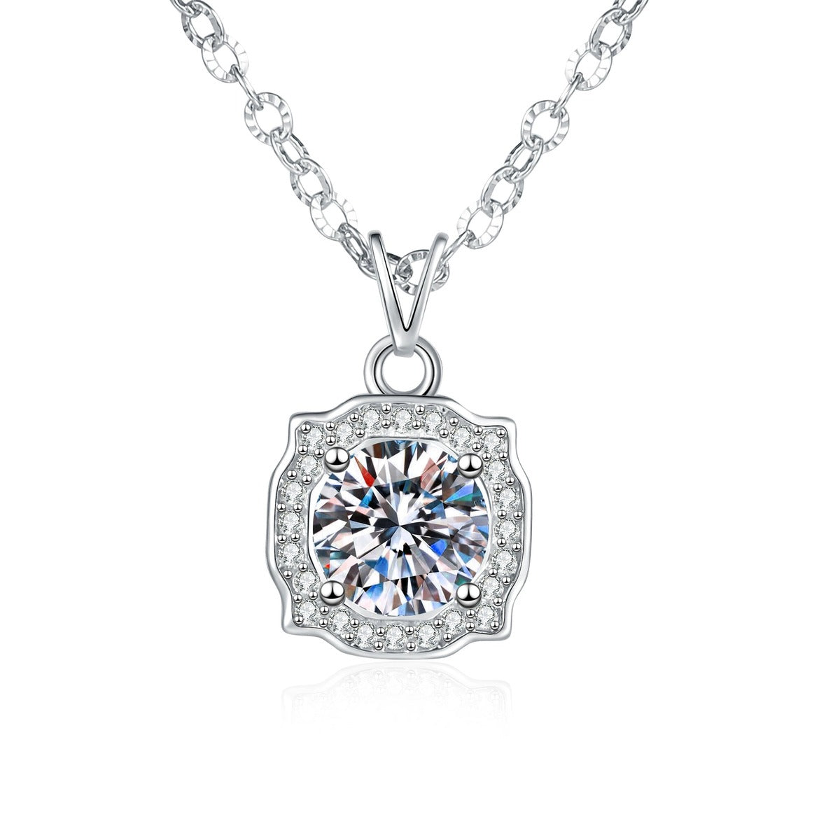 Cushion Halo Moissanite Pendant Necklace with Cubic Zirconia in Platinum-Plated S925 Sterling Silver on clean white background showing the cushion halo pendant with a round moissanite center