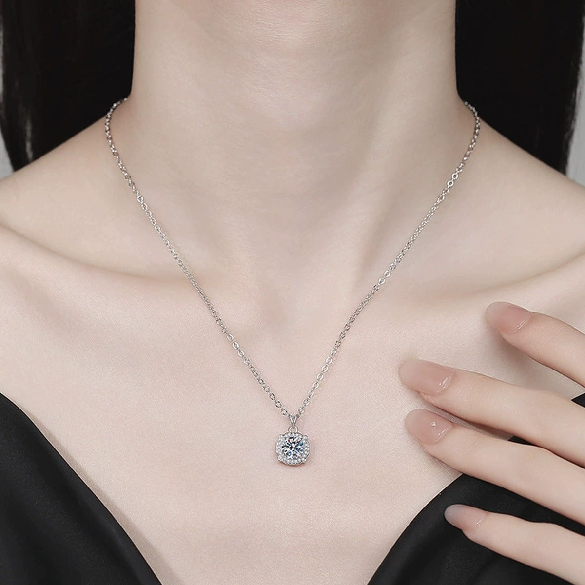 Cushion Halo Moissanite Pendant Necklace with Cubic Zirconia in Platinum-Plated S925 Sterling Silver worn on neckline by model