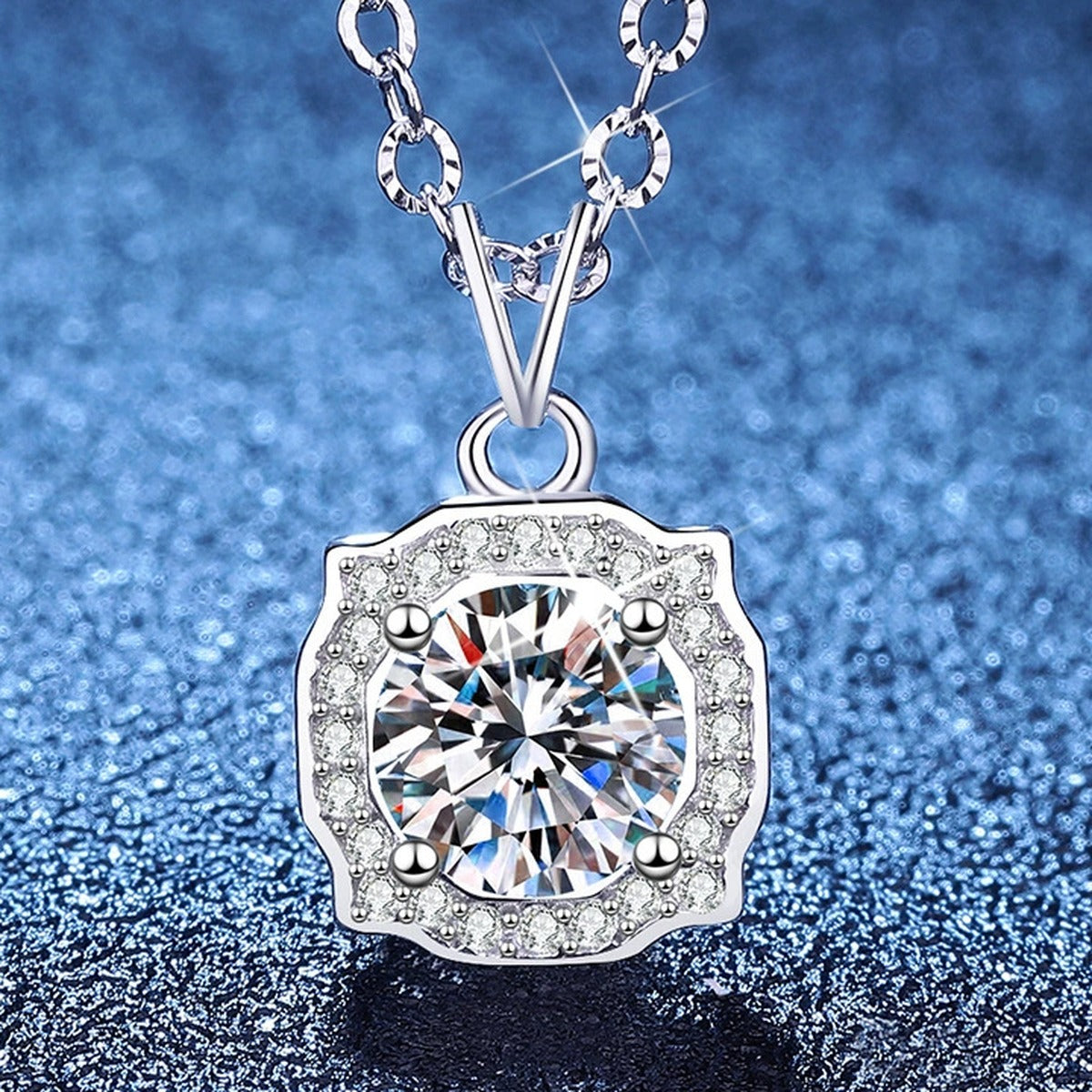 Cushion Halo Moissanite Pendant Necklace with Cubic Zirconia in Platinum-Plated S925 Sterling Silver blue background product view