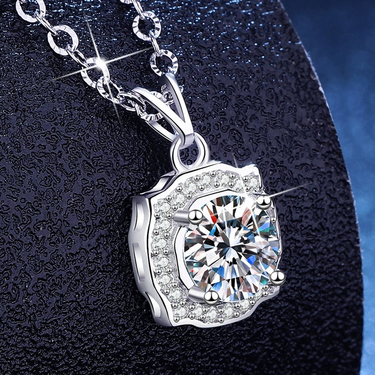 Cushion Halo Moissanite Pendant Necklace with Cubic Zirconia in Platinum-Plated S925 Sterling Silver dark background product display view