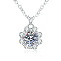 Floral Halo Moissanite Pendant Necklace with Cubic Zirconia in Platinum-Plated S925 Sterling Silver on clean white background showing the flower halo pendant surrounding a round moissanite center