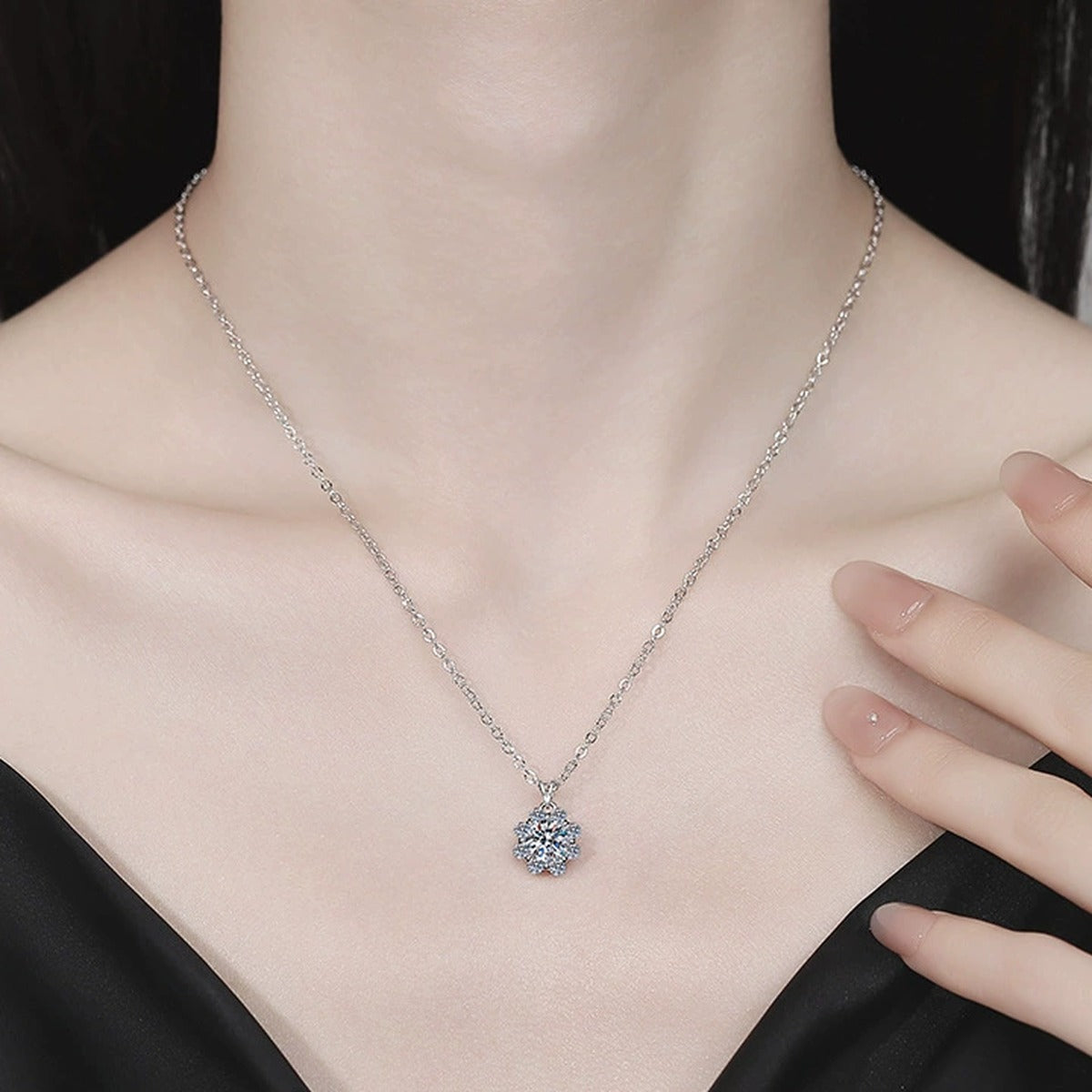 Floral Halo Moissanite Pendant Necklace with Cubic Zirconia in Platinum-Plated S925 Sterling Silver worn on neckline by model
