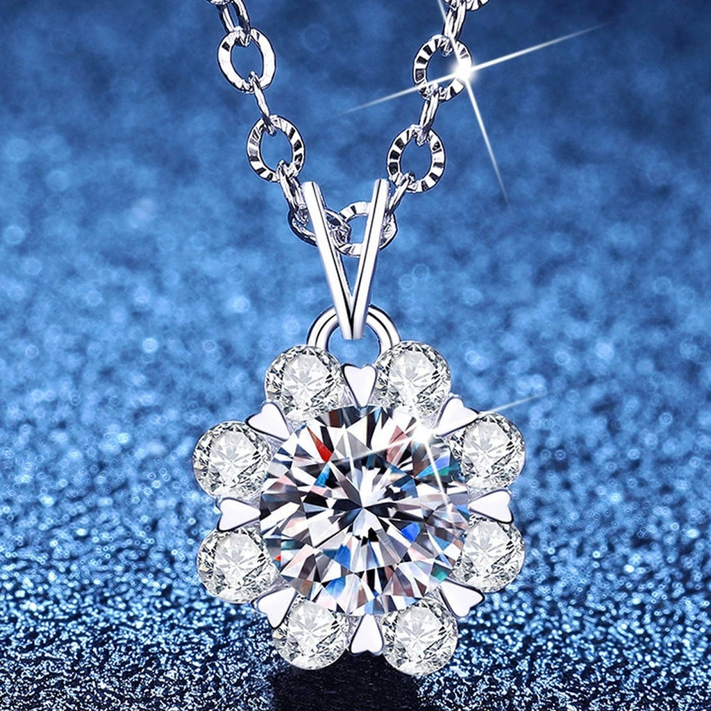 Floral Halo Moissanite Pendant Necklace with Cubic Zirconia in Platinum-Plated S925 Sterling Silver blue background product view