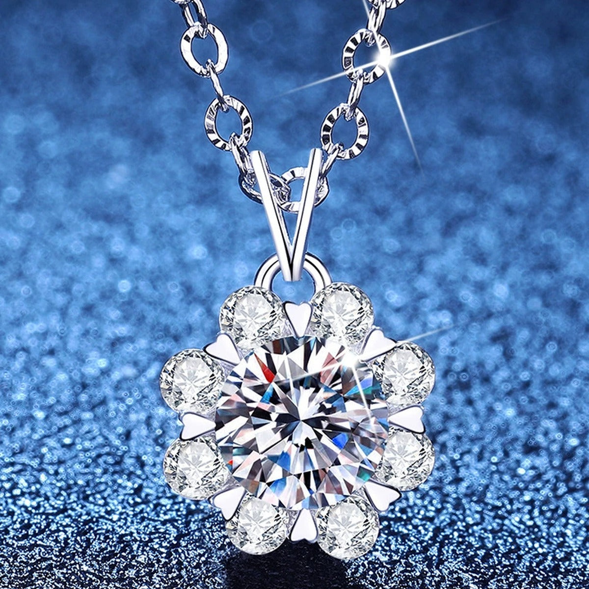 Floral Halo Moissanite Pendant Necklace with Cubic Zirconia in Platinum-Plated S925 Sterling Silver blue background product view