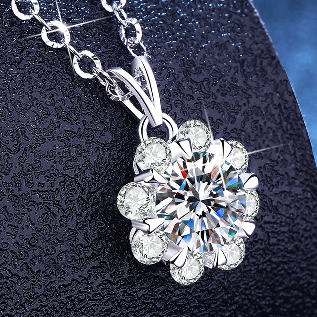 Floral Halo Moissanite Pendant Necklace with Cubic Zirconia in Platinum-Plated S925 Sterling Silver dark background product display view