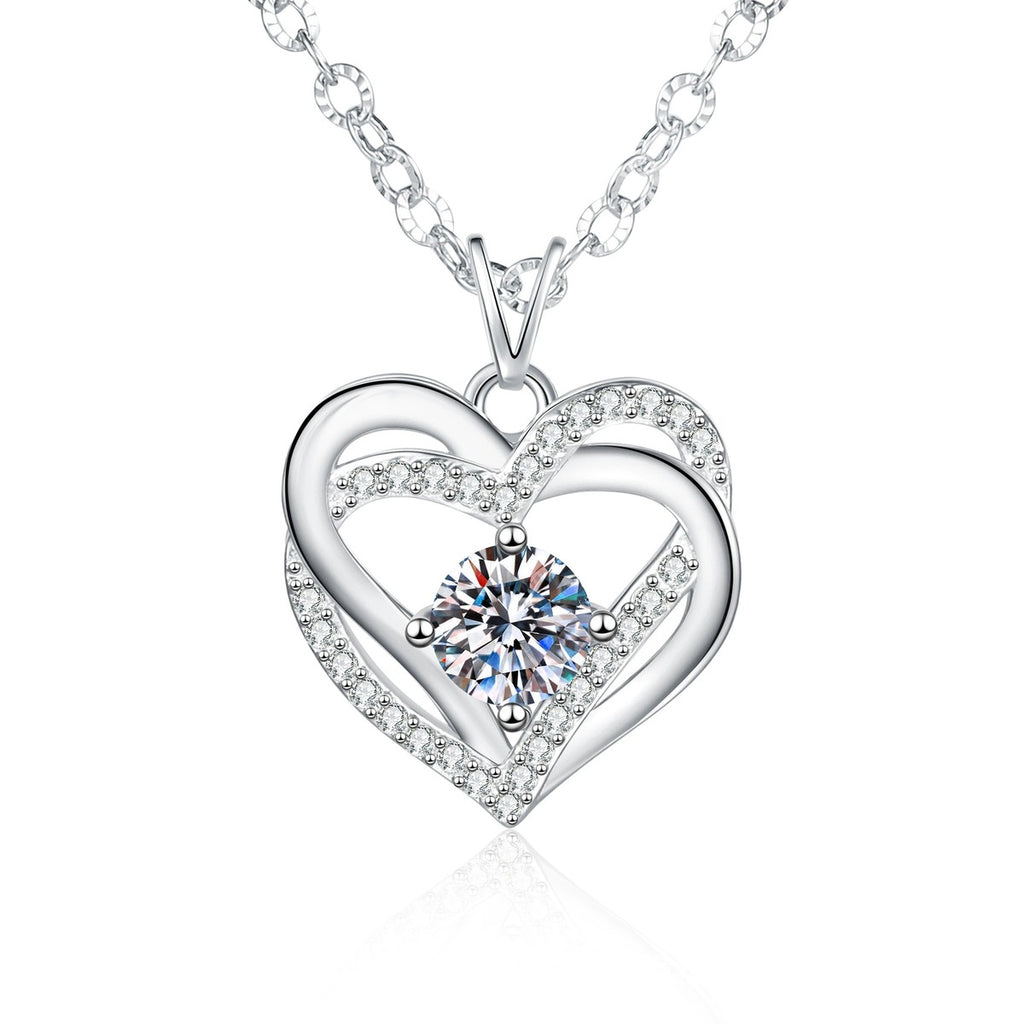 Heart Halo Moissanite Pendant Necklace with Cubic Zirconia in Platinum-Plated S925 Sterling Silver on clean white background showing the open heart halo pendant with a round moissanite center