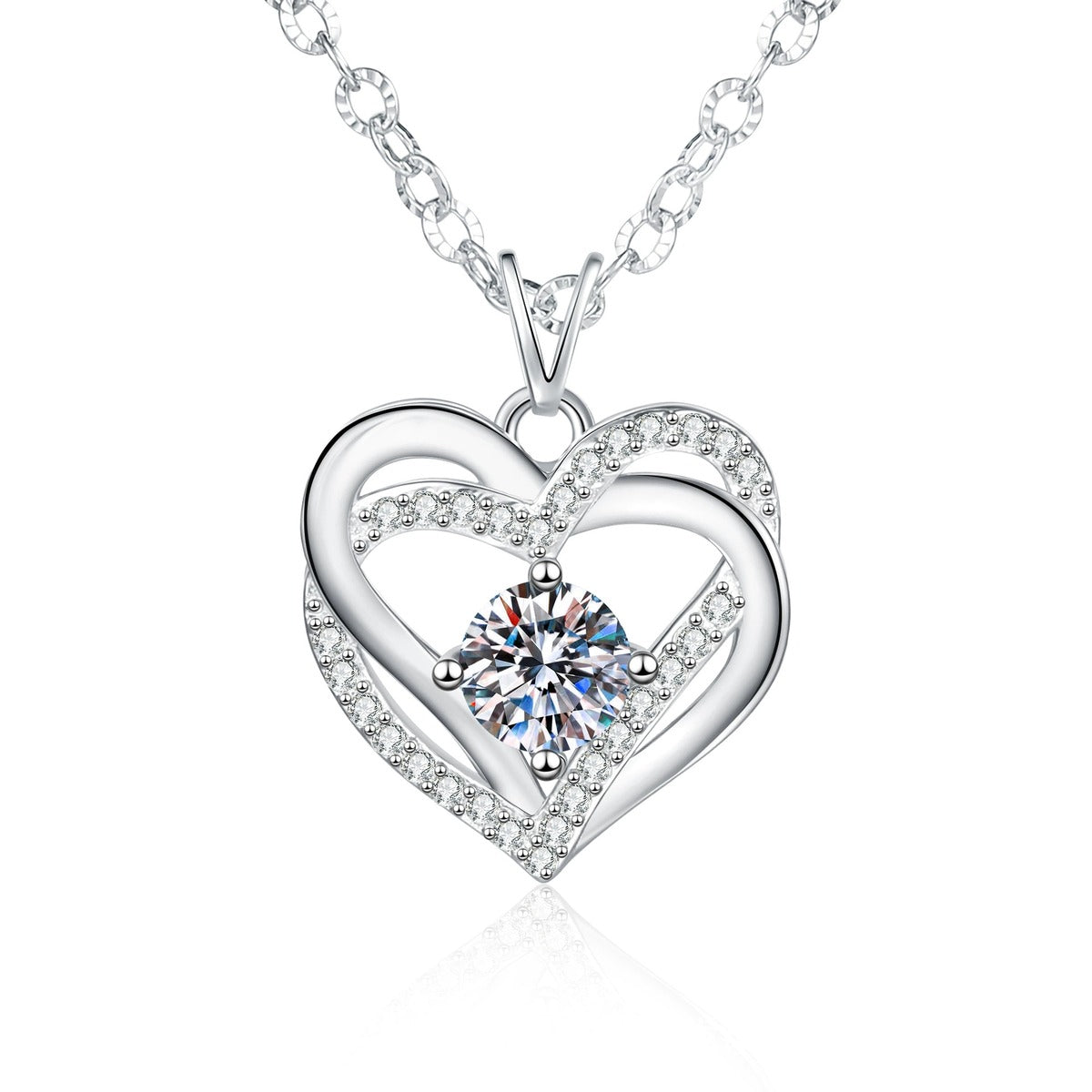 Heart Halo Moissanite Pendant Necklace with Cubic Zirconia in Platinum-Plated S925 Sterling Silver on clean white background showing the open heart halo pendant with a round moissanite center