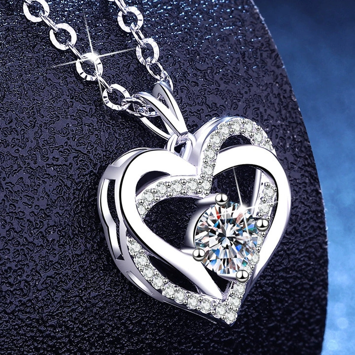 Heart Halo Moissanite Pendant Necklace with Cubic Zirconia in Platinum-Plated S925 Sterling Silver dark background product display view